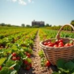 Flick International Vibrant farmland showcasing abundant crops and a rustic hotel in the background