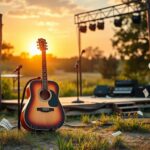 Flick International Vintage acoustic guitar leaning against a wooden post at a music festival in Texas