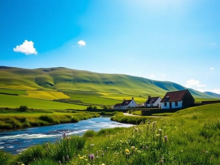 Flick International Lush green hills of Ireland with a flowing river and wildflowers, symbolizing refuge and peace