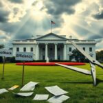 Flick International Dramatic exterior view of the White House amidst stormy clouds representing governmental change