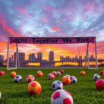 Flick International A vibrant soccer field at sunset symbolizing inclusivity with colorful soccer balls scattered across the turf