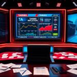 Flick International A stylized news studio with a television displaying economic graphs and headlines about tariffs