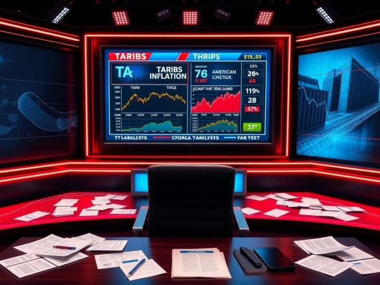 Flick International A stylized news studio with a television displaying economic graphs and headlines about tariffs