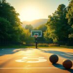 Flick International Empty basketball hoop on a sunlit court surrounded by vibrant green trees