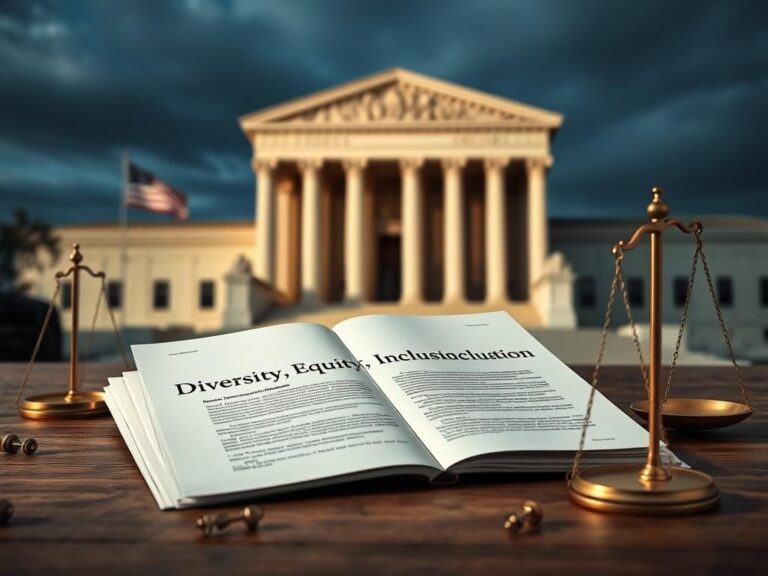 Flick International Symbolic representation of the legal system with the Supreme Court building and a fading diversity, equity, and inclusion document