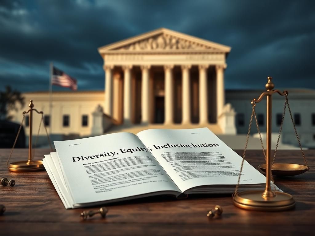 Flick International Symbolic representation of the legal system with the Supreme Court building and a fading diversity, equity, and inclusion document