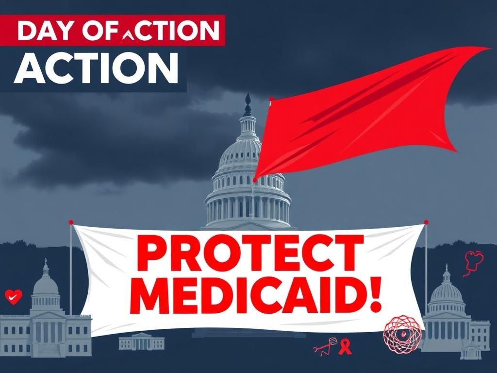 Flick International Dramatic representation of a political protest featuring a banner that reads 'Protect Medicaid!' in front of the U.S. Capitol building.