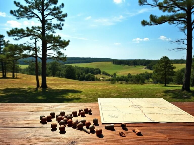 Flick International A serene view of Camden Battlefield with historical artifacts on a wooden table