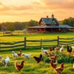 Flick International Serene farm landscape in Georgia during golden hour with playful puppies and chickens