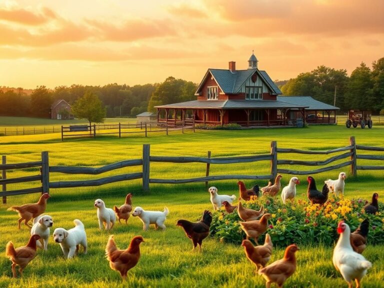 Flick International Serene farm landscape in Georgia during golden hour with playful puppies and chickens