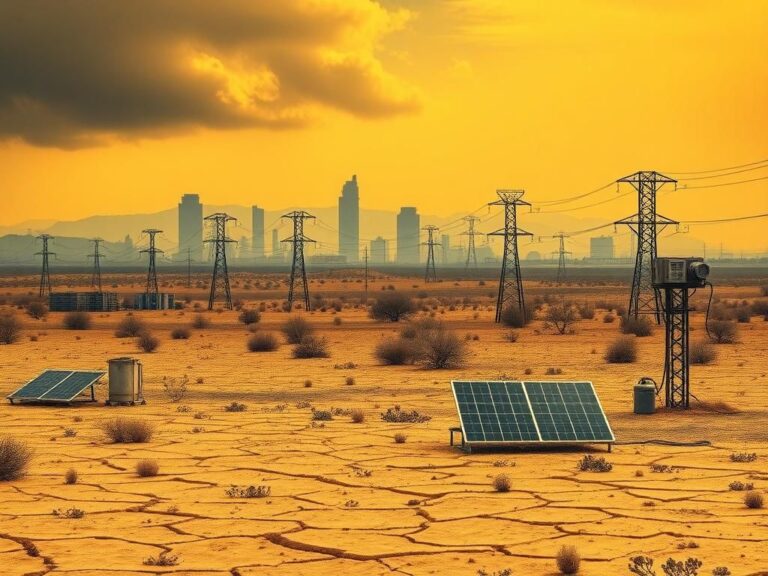 Flick International A desolate California landscape showing cracked earth, wilted crops, and dull solar panels symbolizing the impact of green energy policies.