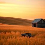 Flick International Serene prairie landscape at sunset with wooden schoolhouse