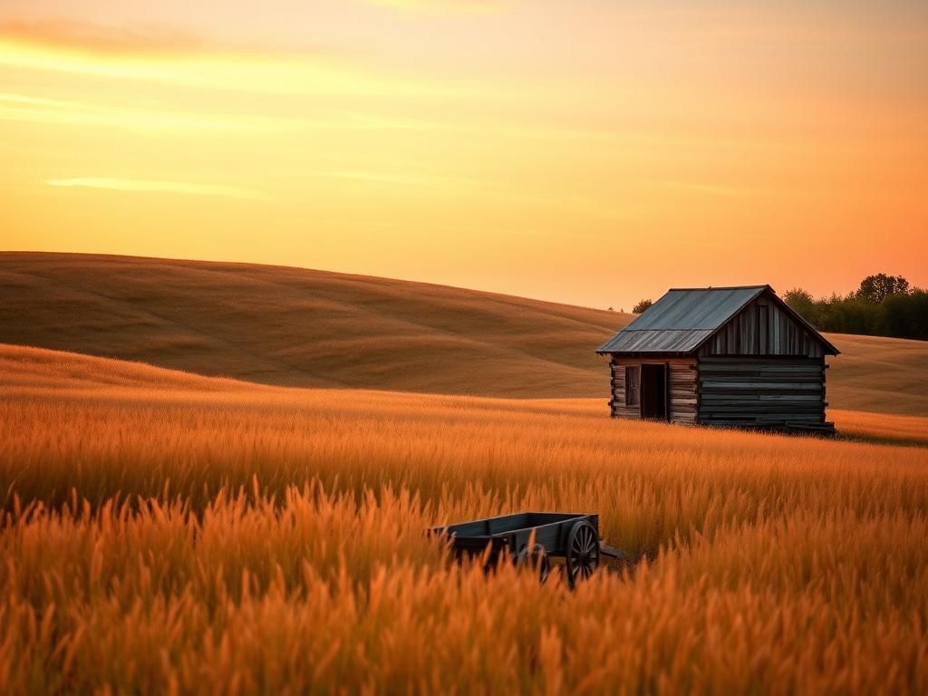 Flick International Serene prairie landscape at sunset with wooden schoolhouse