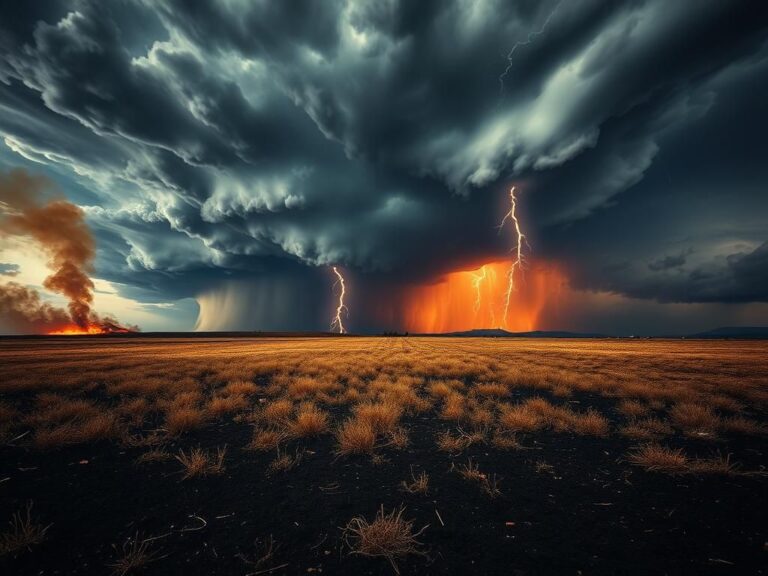 Flick International Dramatic landscape after a massive storm showing dark storm clouds and tornadoes