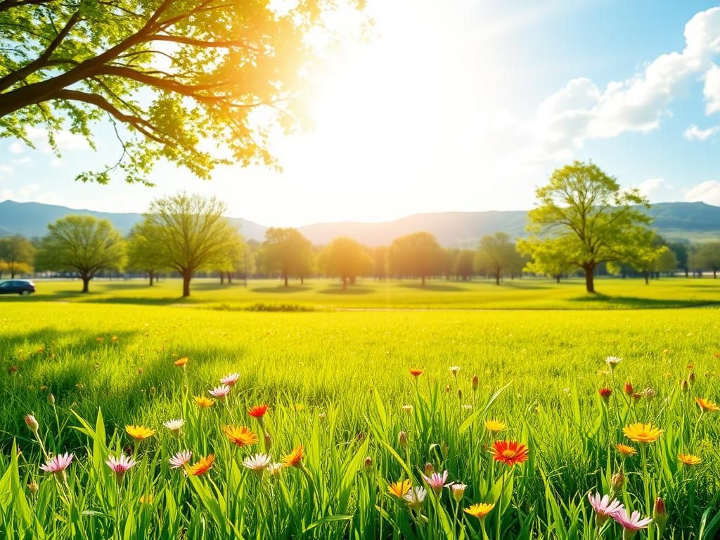 Flick International Serene sun-drenched landscape with lush green meadow and vibrant wildflowers