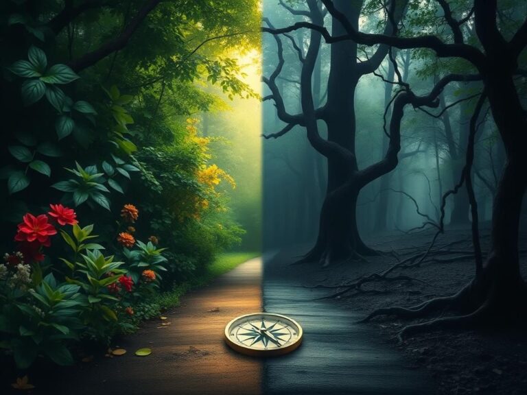 Flick International Split pathway in a lush forest representing contrasting choices in gender identity.