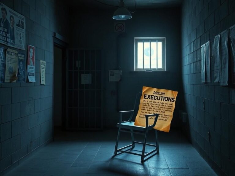 Flick International A dimly lit prison cell featuring an electric chair, conveying a somber atmosphere of impending execution.