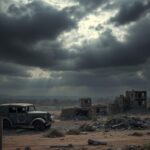 Flick International A dark, turbulent sky over a desolate Syrian landscape with crumbling buildings and a charred military vehicle