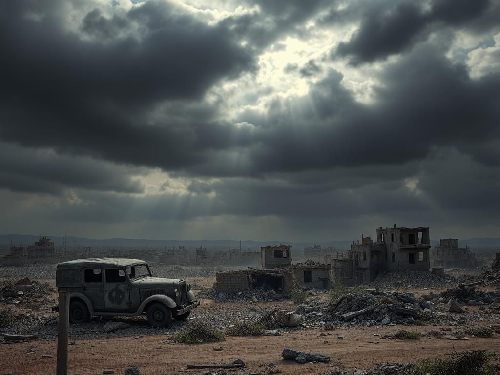 Flick International A dark, turbulent sky over a desolate Syrian landscape with crumbling buildings and a charred military vehicle