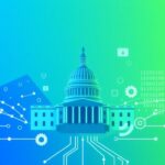 Flick International Abstract representation of government efficiency and technology featuring geometric shapes and U.S. Capitol icons