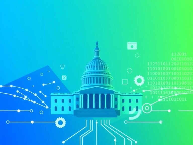 Flick International Abstract representation of government efficiency and technology featuring geometric shapes and U.S. Capitol icons