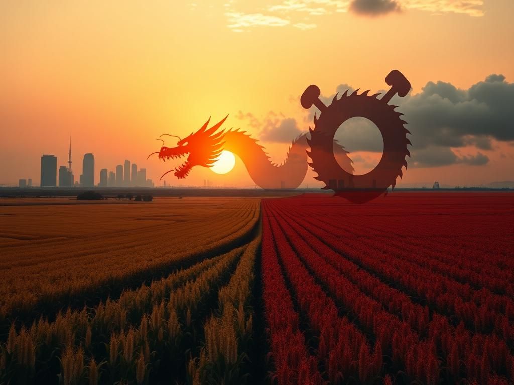 Flick International A dramatic landscape with farmland and a stylized Chinese dragon, symbolizing foreign influence