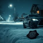 Flick International Dark Lexus SUV parked on a snow-covered suburban street at night amidst falling snowflakes