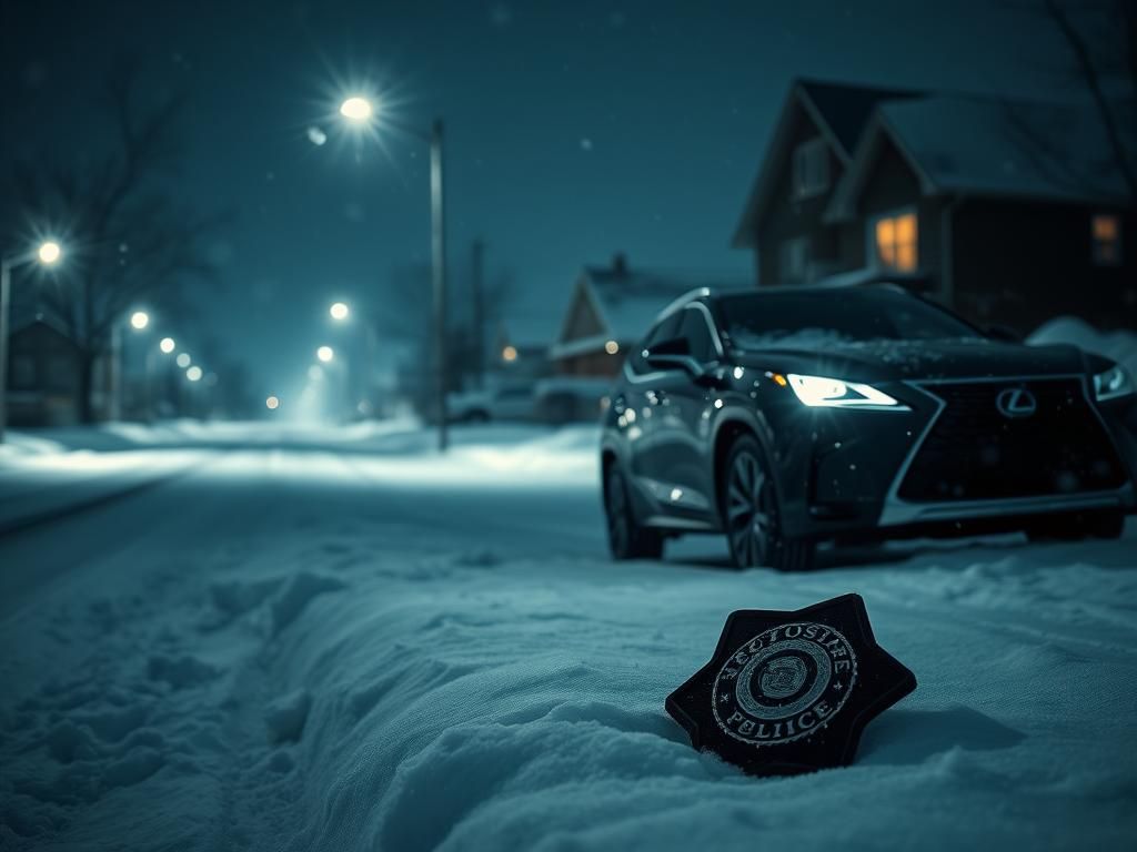 Flick International Dark Lexus SUV parked on a snow-covered suburban street at night amidst falling snowflakes