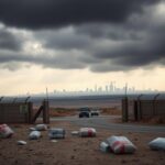 Flick International Desolate landscape of the Gaza Strip featuring a border crossing and abandoned humanitarian supplies