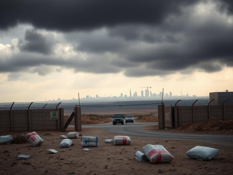 Flick International Desolate landscape of the Gaza Strip featuring a border crossing and abandoned humanitarian supplies