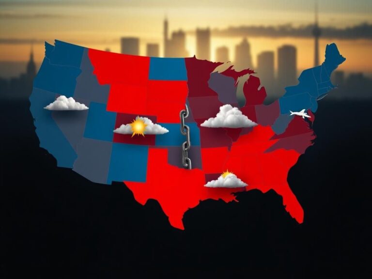 Flick International Fragmented map of the United States highlighting blue states symbolizing loss and red states representing growth