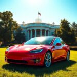 Flick International A vibrant scene of the White House South Lawn with a red Tesla in the foreground