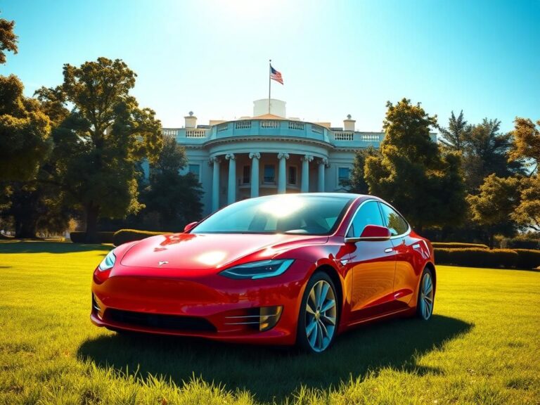 Flick International A vibrant scene of the White House South Lawn with a red Tesla in the foreground