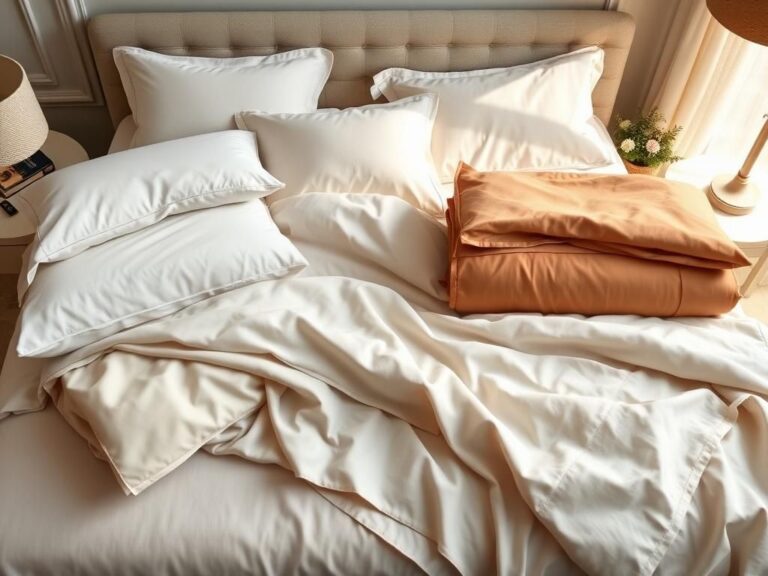 Flick International A beautifully arranged flat lay of luxurious bed sheet sets in an elegant bedroom