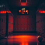 Flick International Interior of a sports locker room with a partially ajar door and a basketball on the floor