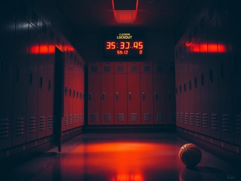 Flick International Interior of a sports locker room with a partially ajar door and a basketball on the floor