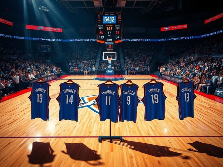 Flick International High-energy basketball court scene showcasing OKC Thunder logo with empty jerseys symbolizing absent starters