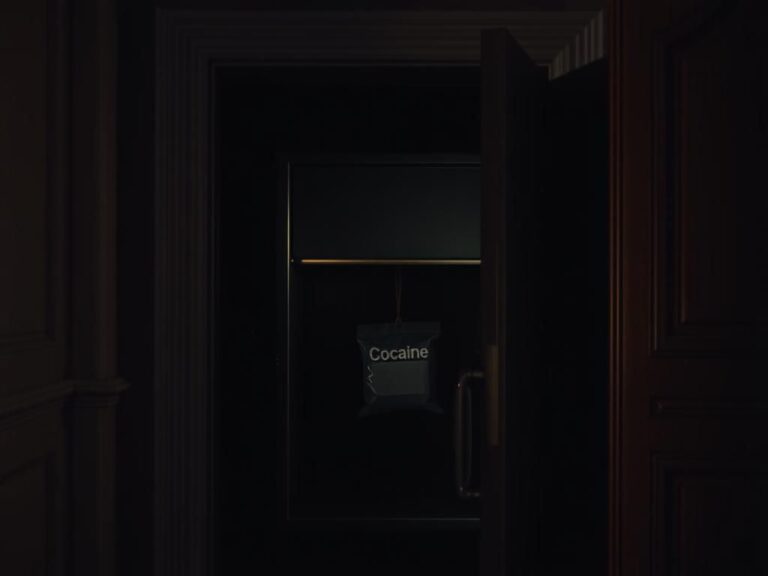 Flick International Dimly lit storage locker in the White House West Wing with a bag labeled 'Cocaine' partially visible