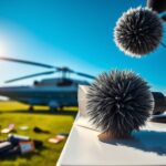 Flick International Close-up of a fuzzy boom microphone with a windscreen on a podium at a press briefing