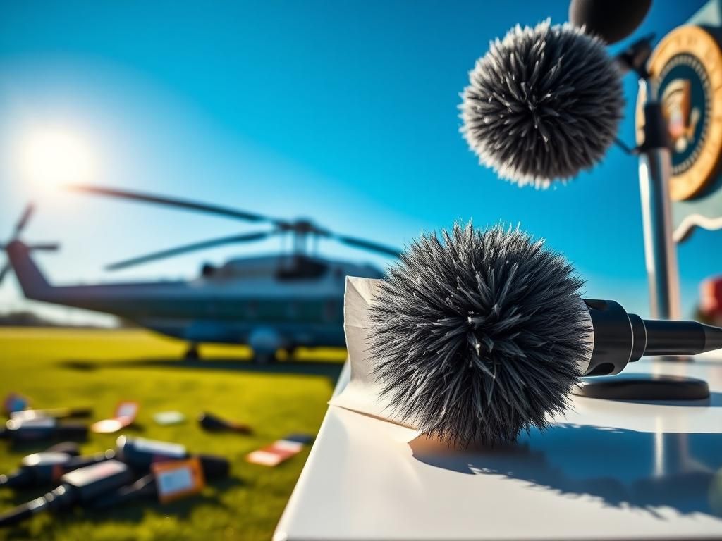 Flick International Close-up of a fuzzy boom microphone with a windscreen on a podium at a press briefing