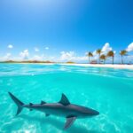 Flick International Great white shark swimming just beneath the surface of Florida's coastline