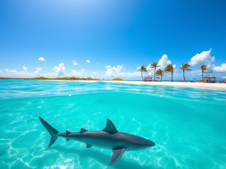 Flick International Great white shark swimming just beneath the surface of Florida's coastline