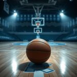 Flick International Close-up of an untouched basketball on the free-throw line at the Dean Smith Center