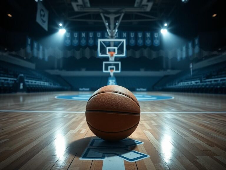 Flick International Close-up of an untouched basketball on the free-throw line at the Dean Smith Center