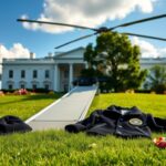 Flick International A vibrant scene of Marine Force One on the White House South Lawn with a playful atmosphere