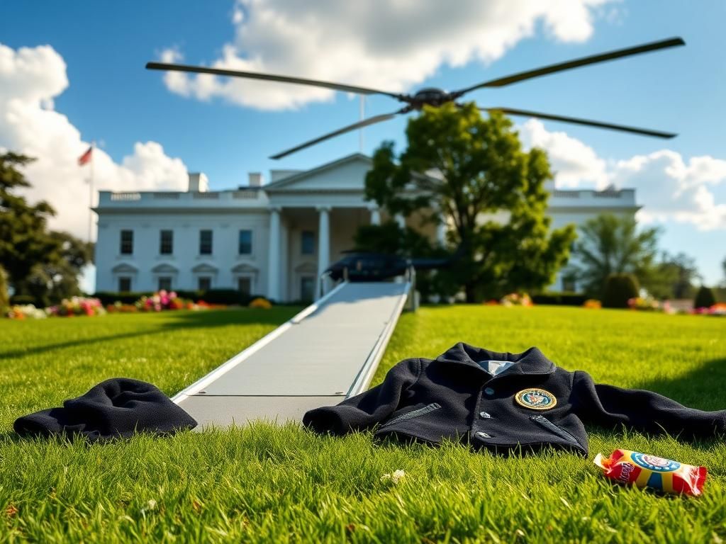 Flick International A vibrant scene of Marine Force One on the White House South Lawn with a playful atmosphere