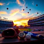 Flick International Sunset view of Dodgers stadium with baseball glove and championship ring