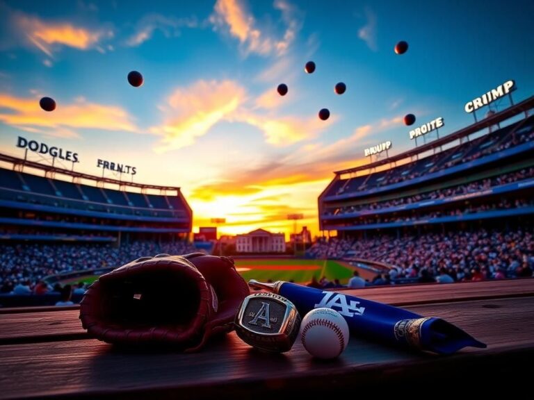 Flick International Sunset view of Dodgers stadium with baseball glove and championship ring