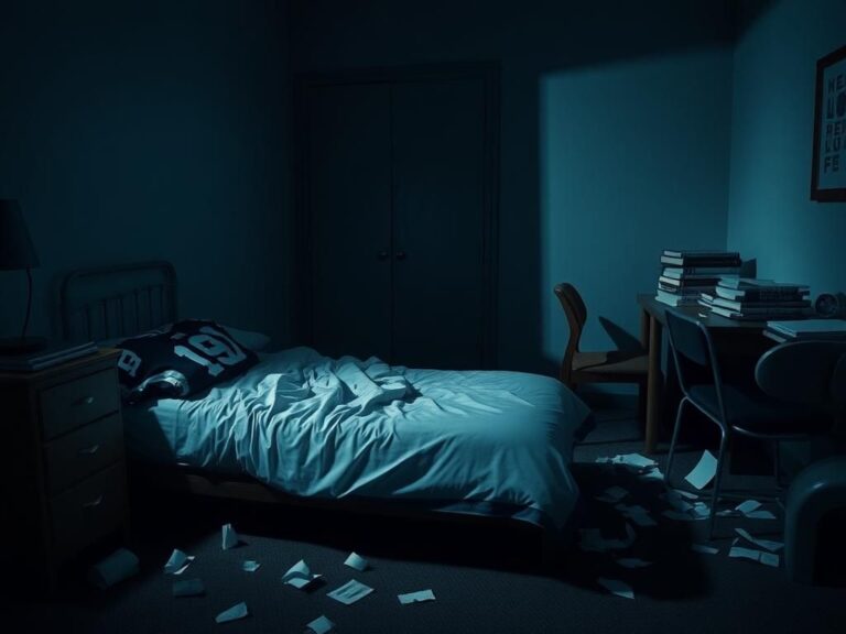 Flick International Dimly lit dorm room at Columbia University with a neatly made bed and football jersey