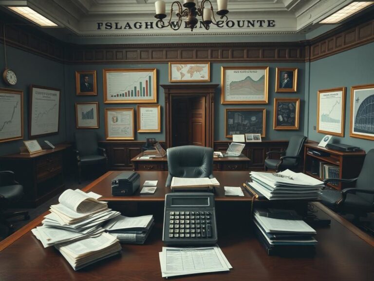 Flick International Grand government office showcasing a wooden desk filled with budget reports and a vintage calculator